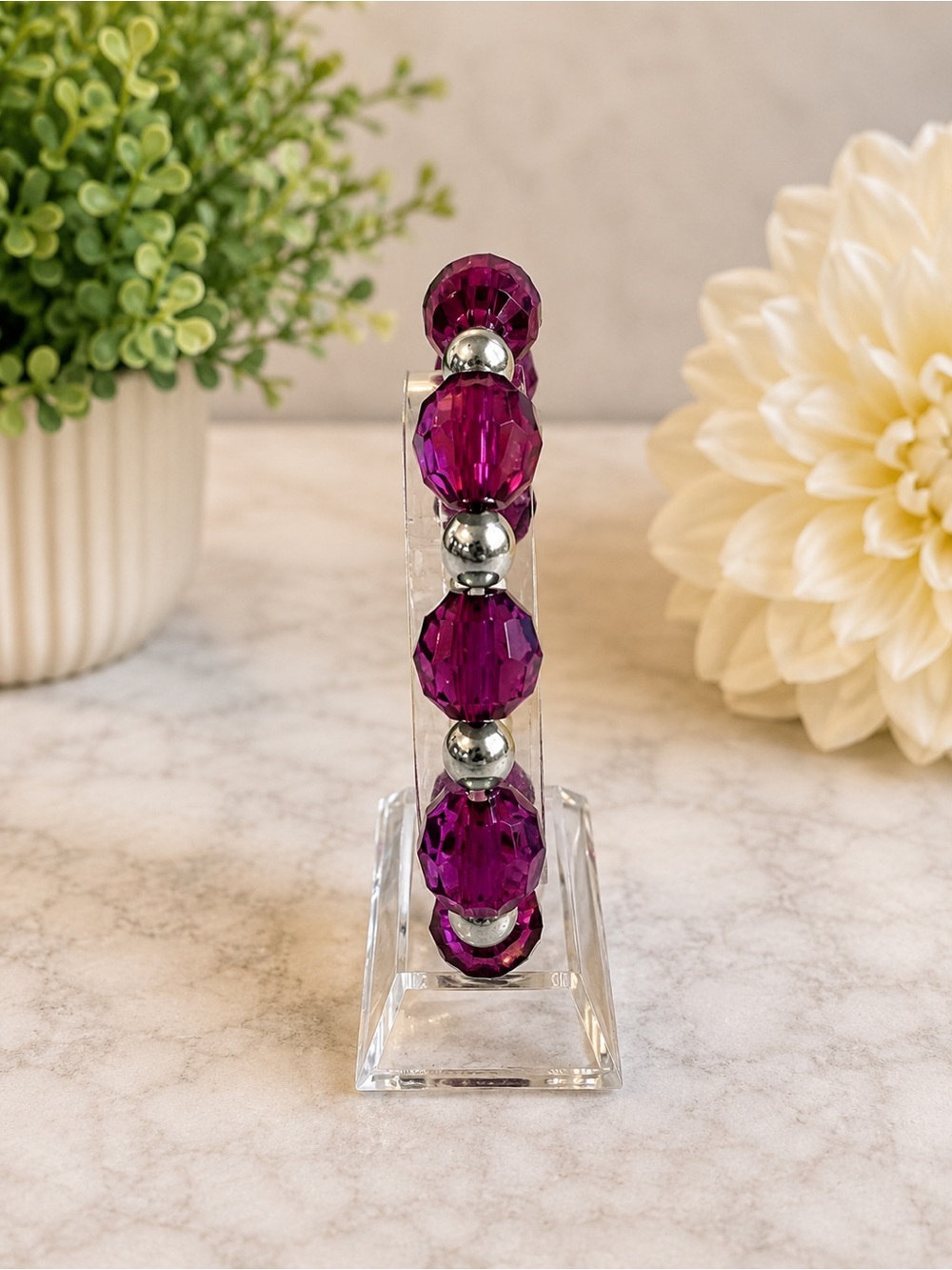 Purple Faceted Beaded Stretch Bracelet Silver Tone Rhinestone Accent Statement - Picture 6 of 6